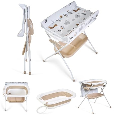 Ms BabyWorld ZOE - Bañera Bebe con Patas, Cambiador, Cojín Reductor y Cesta Portaobjetos - Comoda, Facil de Guardar, con Tapón y Patas Antideslizantes - Bañera Bebé Plegable y Portatil (Beige)