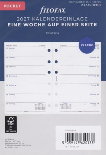 Filofax Inserto per calendario tascabile, 1 settimana su 1 pagina, in tedesco 2027