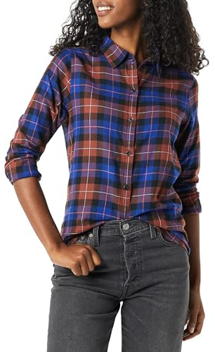 Amazon Essentials Women's Classic-Fit Long-Sleeve Lightweight Plaid Flannel Shirt, Multicolor Windowpane, XX-Large