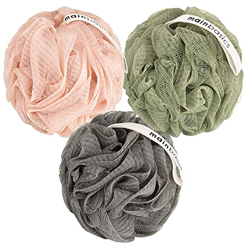 MainBasics Bath Shower Loofah Sponge Pouf Body Scrubber Exfoliator Body Wash Sponge (Set of 3, Earthy Love)