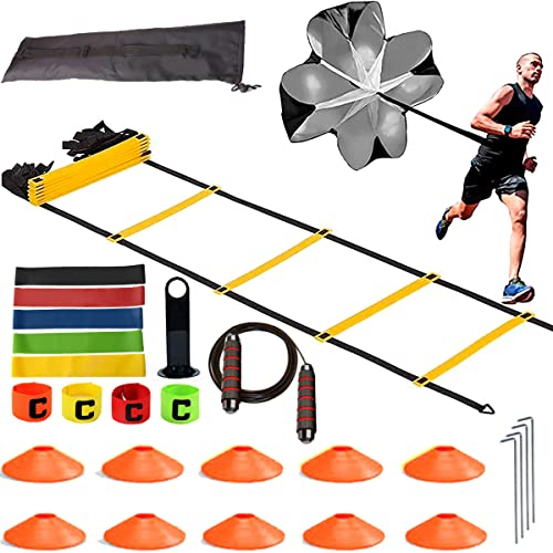 ZTWLEED Fussball Trainingszubehör,Koordinationsleiter 6M mit 4 Feste Erdnägel,40 Hütchen Fussball mit Aufbewahrungstasche,Fußball Trainingsset Fußball Geschenke für Jungs