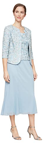 Alex Evenings Women's Tea Length Mock Jacket Dress with Button Front, Light Blue Corded, 12