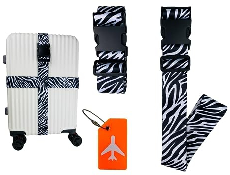 Aymaosen Koffergurte，Auffällig Kofferband bunt，Koffergurte 2 stück+1Kofferanhänger (Zebra)