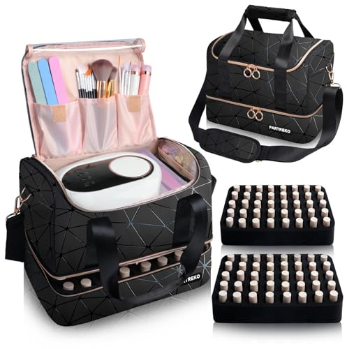 Partreko Nail Polish Organizer Holds 80 Bottles (15ml/0.5 fl.oz)& Nail Lamp, PU Leather Nail Organizers and Storage Bag with Shoulder Strap, Portable Nail Supplies Kit Organizer Carrying Case (Black)