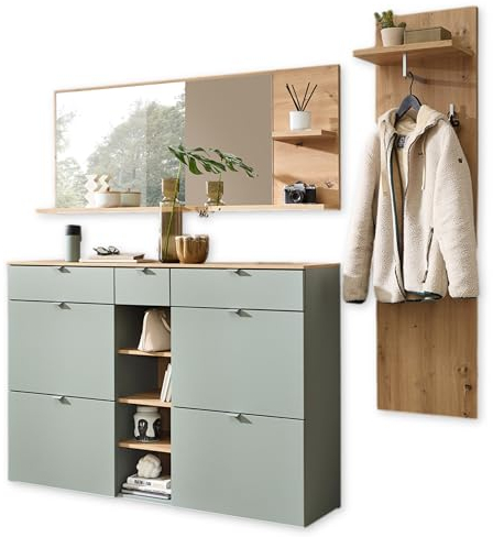 BARI Flurgarderoben Set in Schilfgrün, Artisan Eiche Optik FSC-zertifiziert - Modernes Garderobenset 3-teilig für Ihren Eingangsbereich - 208 x 202 x 38 cm (B/H/T)
