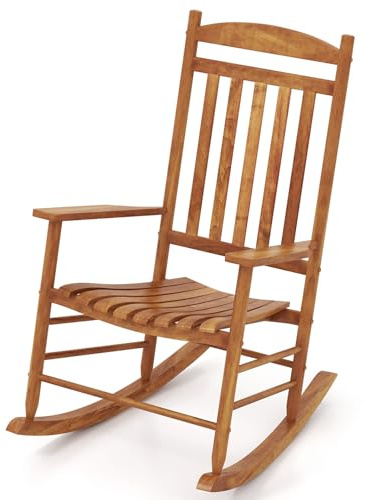 RELAX4LIFE Garden Rocking Chair, Poplar Wood High-Back Patio Rocker, Outdoor Relax Rocking Armchair Lounge Chair for Porch, Backyard, Balcony