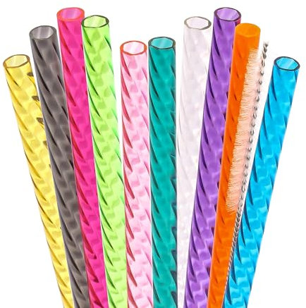 Dakoufish 12 Inch 10 Color Replacement Reusable Drinking Straw for Stanley 40 oz 30 oz 24 oz Tumbler,Plastic Swirl Straws for Stanley Cup Accessories,Set of 10 with Cleaning Brush