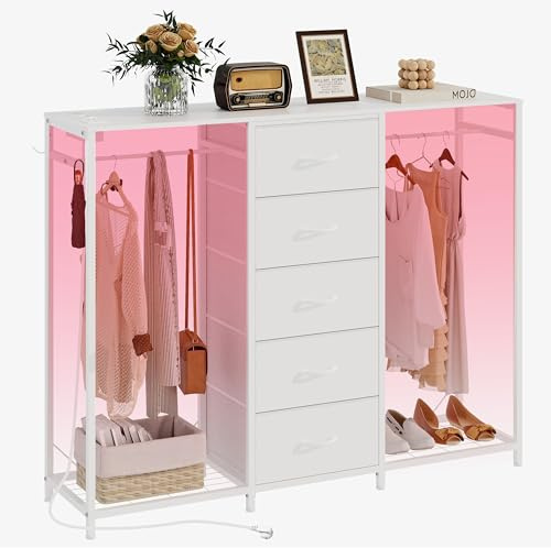Trironsun 5 Schubladen Kommode mit Kleiderständer Kommode mit Kleiderstange LED Lichter Kleiderschrank Schrank Schubladen Ladestation Flexible Regal Offene Regale für Wohnzimmer