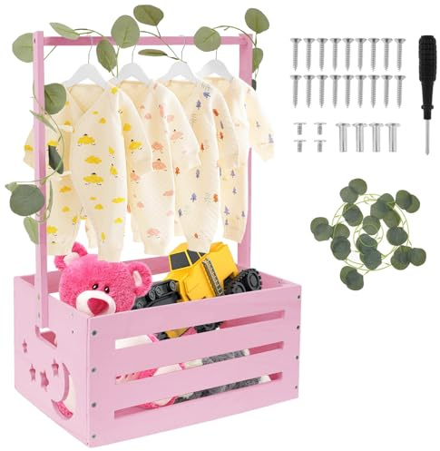 Yunlaishaocer Panier Rangement en Bois Pour Bébé Avec Poignée, Cadeau Baby Shower, pour Bébé Nouveau-né Avec Rameaux de Plantes Grimpantes Vertes, Panier à Langer (rose)
