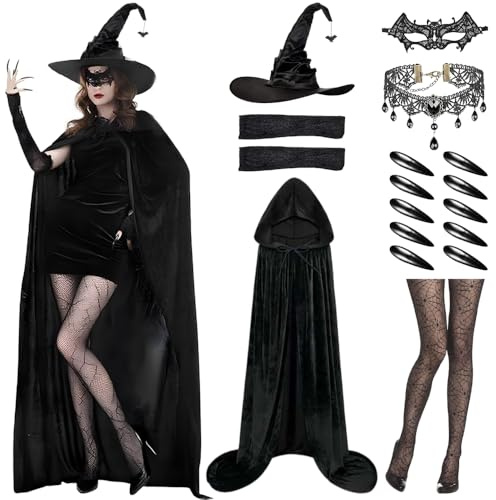 Yi'antai 17 pièce Deguisement Sorciere, Cape Sorcière Costume, Deguisement Sorciere Femme, Costume sorciere avec Chapeau sorcier, Cape Noire avec Manches en Dentelle, Masque pour Les Yeux (Xl-160cm)