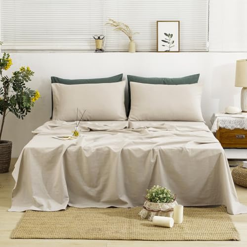 TUMEI 4 Pieces 100% French Linen Sheets Set Double Size, 16 Deep Pocket | Natural Linen Solid Color, Stonewashed Soft Comfortable Natural Flax Bed Sheet, 1 Fitted Sheet & 1 Flat Sheet & 2 Pillowcases