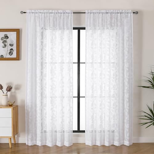 OVZME White Sheer Curtains 84 inches Long 2 Panels for Living Room, Jacquard Clip Leaf Pattern Textured Light Filtering Window Semi Sheer Voile Drapes for Bedroom, Each Panel 52 x 84 Inch