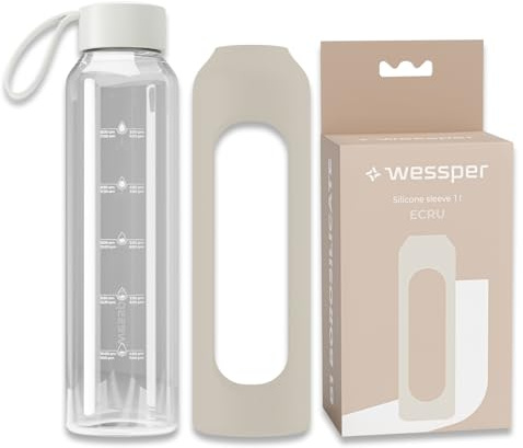 Wessper glasflaska med silikonhölje, borosilikatglasflaska med Niemarkierujący 1 liter, sportflaska Idealisk för fitness, skolidrott, barn, BPA-fri drickmotivation - Ecru