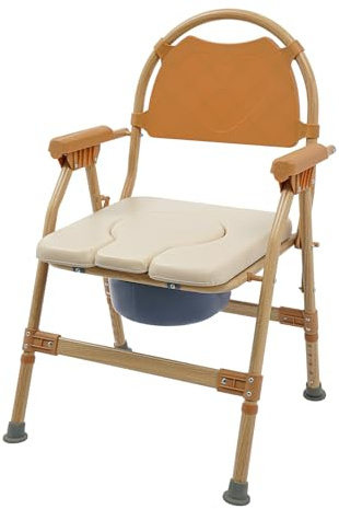 Chaise percée pliable couleur bois - Chaise de douche portable - Hauteur réglable - Pour personnes âgées - Avec seau de toilette - Jusqu'à 150 kg - Pour personnes handicapées, salle de bain, toilettes