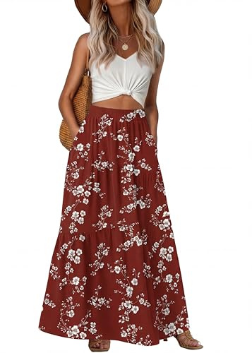 GRECERELLE Damkjol sommar långa kjolar Flowy hög midja boho A-linje lång kjol sommarkjol eleganta strandklänningar med fickor, Vit plommonblomma, M