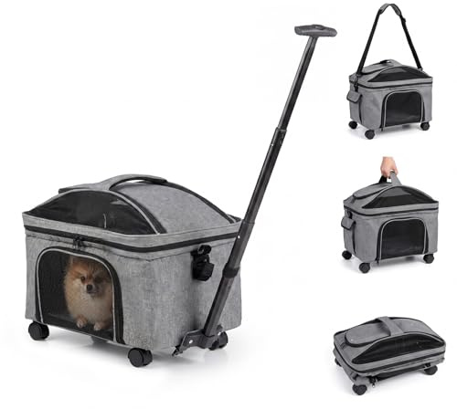 COSTWAY Portable Rolling Pet Carrier, Foldable Soft-sided Dog Travel Crate with Wheels, Telescopic Handle, Shoulder Strap, Washable Pad, Safety Leash, Mesh Opening & Pocket (Grey, 43 x 33 x 35cm)