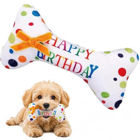KUTKE 1Pcs Dog Birthday Bone Toy Rainbow Bone-Shaped Plush Squeaky DogToy