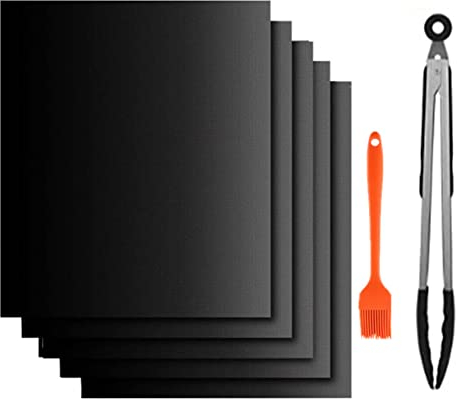 BBQ Grillmatte, Grillmatten für gasgrill, Antihaft Grill-und Backmatte, Pflegeleicht und Wiederverwendbar, Perfekt für Fleisch, Fisch und Gemüse, 1 Grillbürste und 12 Grillzange (5er Set, 40 * 50cm)