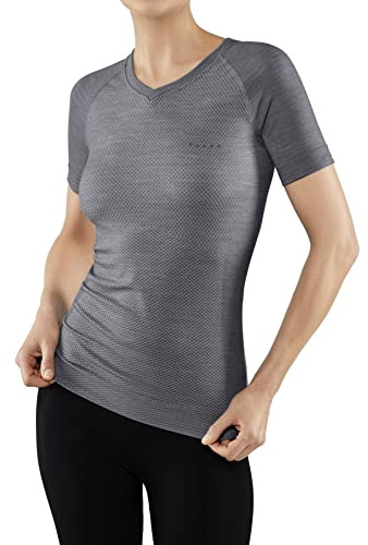 FALKE Wool-Tech Light V Neck W S/s Ts lana hilo funcional secado rápido 1 pieza, Capa de base superior Mujer, Gris Grey-Heather 3757, L