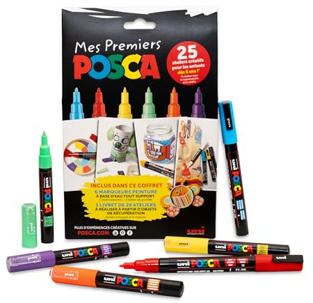 Uni Mitsubishi Pencil,Estuche Mes Premiers POSCA,6 Rotuladores Pintura, Base Agua,4 PCM1C Punta Extra fina, 2 PC3M Punta fina, 1 libro de 25 talleres creativos,Embalaje cero de plástico