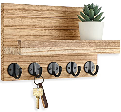 Lwenki key Holder for Wall, Decorative Mail & Bag Holder with Shelf Has Large Hooks (Paulownia Wood Key Hanger with Mounting Hardware, 9.8”W x 6.7”H x 4.2”D, Burnt Wood)