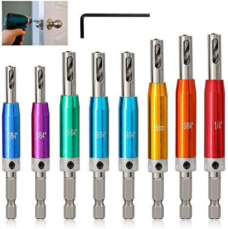 K Kwokker 8PCS Hinge Drill Bit Set, HSS Self Centering Drill Bits 1/4 Hex Shank Hinge Drill Bit Guide Set Window Woodworking Puncher Hole Drilling Tool, 5/64”, 7/64”, 9/64”, 11/64”,5mm,13/64'',1/4''