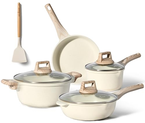 JUST PERFECTO Juego de cacerolas para inducción – Juego de sartenes con tapa – sartén de 20 cm, de 24 cm, sartén antiadherente sin ptfe ni pfoa (Blanco)