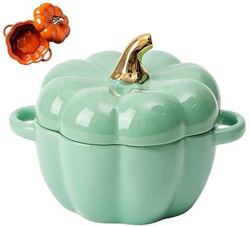 Hokuto Pumpkin Shaped Pot, Kürbis-Keramik-Dessert-Topf Mini-Kürbisschüssel mit Deckel Keramik-Suppentopf (Green)