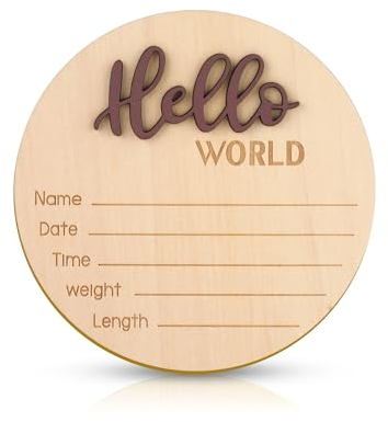 Panneau d'Annonce de Bébé, 15cm en Bois Hello World Panneau de Bienvenue pour Nouveau-Né Carte Mensuelle Bebe Bois pour Accessoires Photo Fête Prénatale Hôpital Crèche(Marron)