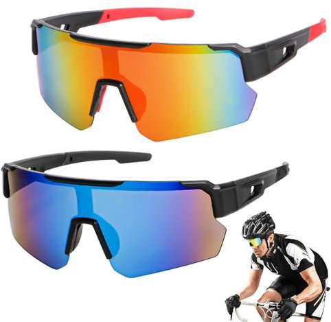 WuGU Sportbrille, 2 Stück Schnelle Brille Rave, Polarisiert Fahrradbrille, Sport Sonnenbrille Herren Damen, UV400 Schutz Radsportbrillen für MTB Rennrad Outdoorsport Radfahren