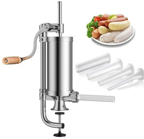 WishesMar Kapazität 2,5 Pfund Wurstfüller Wurstspritze Wurstmaschine aus Edelstahl mit Feste Halterung - Vertikal Wurstfüllmaschine mit 4 Füllrohre und Manuell Handkurbel