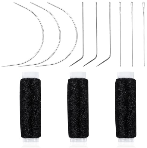Kit di 12 forcine e filo per capelli per cucire capelli, ago ricurvo, filo nero per realizzare parrucche, ago da cucito a mano