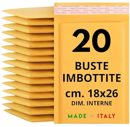 Easy8 20 Buste Imbottite per Spedizioni, 18x26 cm, Buste Pluriball, Bolle Aria, Spedizione in Carta Avana con Chiusura Adesiva, Gialle, Sigillanti e Protettive per Materiali Fragili e Delicati