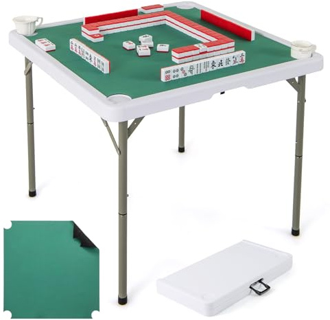 COSTWAY Folding Mahjong Table, Portable Square Card Table with Removable Game Mat, 4 Cup Holders, HDPE Tabletop, Metal Legs, 90 x 90 x 74 cm (Pure Green)