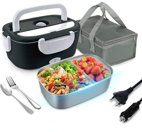 Generico Porta Pranzo Elettrico Portatile Scaldavivande per Auto, Camion, Ufficio 4 in 1 12V/24V/220V~240V 1.5L 60W Porta Merenda in Acciaio Inox, Scomparti, Forchetta, Cucchiaio, Borsa Trasporto