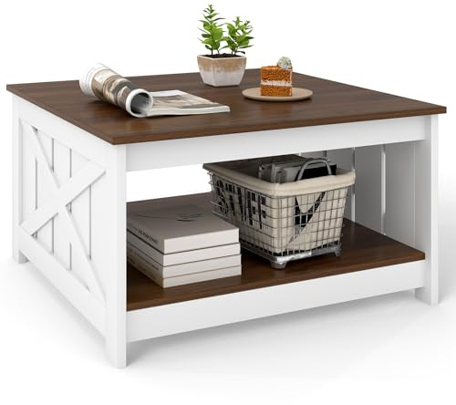 GIANTEX Mesa de Centro Cuadrada de 2 Niveles, Mesa de Salón de Madera con Estante Abierto de Almacenamiento, 78 x 78 x 44 cm, Amplio Tablero y Patas Elevadas, Blanco y Marrón