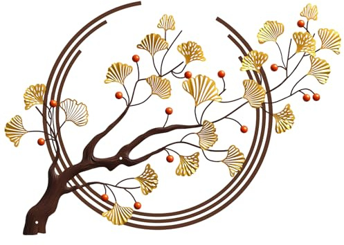 ESTART Große Ginkgo-Blätter Metall Wandkunst, goldene Wanddekoration ist geeignet für Wohnzimmer Schlafzimmer Arbeitszimmer Büro (Bunt)
