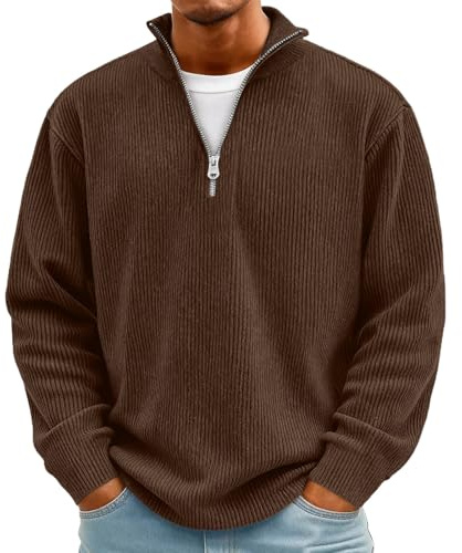 VLOYSR Sweat Homme sans Capuche 1/4 Zippé Pullover Décontracté à Col en Velours Côtelé Sweatshirt Automne Hiver Léger et Chaud