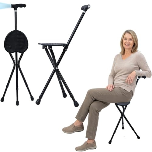 Canne Pliante avec siège et éclairage LED, Canne de Marche Robuste à Hauteur réglable pour Personnes âgées, Chaise-Canne en Alliage d'aluminium avec poignée magnétique thérapeutique (Noir)