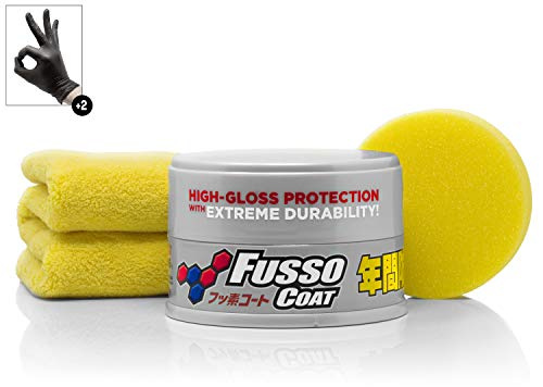 detailmate Soft99 Fusso Coat 12 månader vax ljus hårt vax bilvax, lackförsegling, 200 g för ljusa lacker + långlugg mikrofiber polerduk + 2 nitrilskyddshandskar
