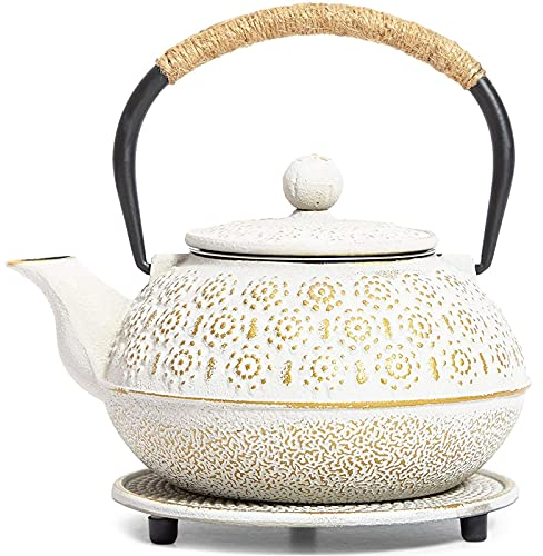 Juvale Juego de 3 tetera japonesa blanca de hierro fundido – Tetsubin de hojas sueltas con asa, infusor de acero inoxidable y salvamanteles (27 onzas, 800 ml)