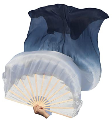 Winged Sirenny 1 Piece 70(180 cm) Belly Dance Silk Fan Veil, Adjustable Worship Praise Flag Streamer (White-Black)
