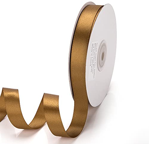 IHKFILAN Double Faced Satin Ribbon 5/8Inch x 50Yards Double Sided Solid Polyester Ribbon for Gift Wrapping Party Hair Braids Bow Baby Shower Decoration Floral Arrangement Craft Supplies, Golden Brown