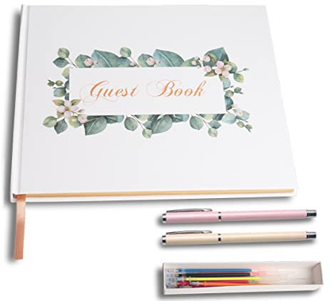 Bluearks Guest Book, Wedding Guestbook, con Lamina d'oro e Bordi Dorati e Nastro d'oro, Copertina Rigida (9,1x7,1 Pollici)
