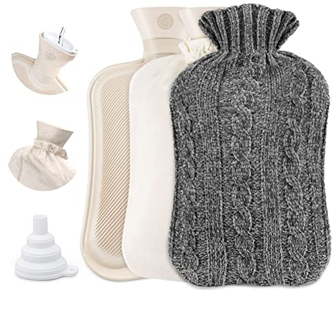 Premium Strickbezug für Wärmflasche,ilauke Wärmeflasche mit Weicher Bezug,2L groß Naturkautschuk Bettflasche mit Einem Wassertrichter,Abnehmbare und waschbare Hot Water Bottle für Erwachsene & Kinder