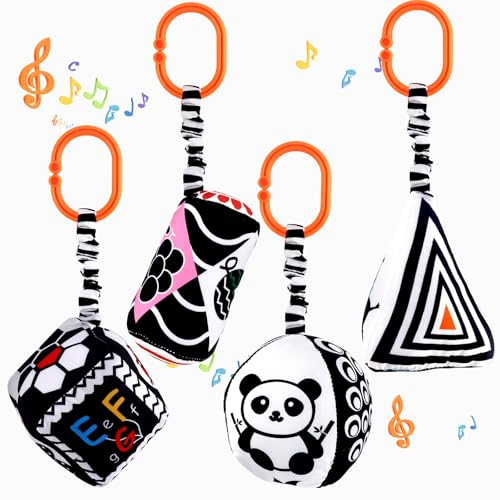 KAKIBLIN Black and White Stroller Toy Baby Plush Rattles Rings Hanging Toy for 0 3 6 12 Months Newborn High Contrast Toys for Car Seat for Infants