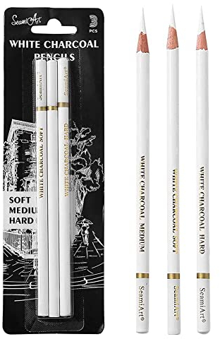 Helweet Skizzieren Highlight Pen, Weiß Kohle Bleistift, Weiß Bleistift Set, Ungiftig Zeichenstifte Werkzeuge für Fine Art Supplies, Weich/Mittel/Hart, 3 Stück