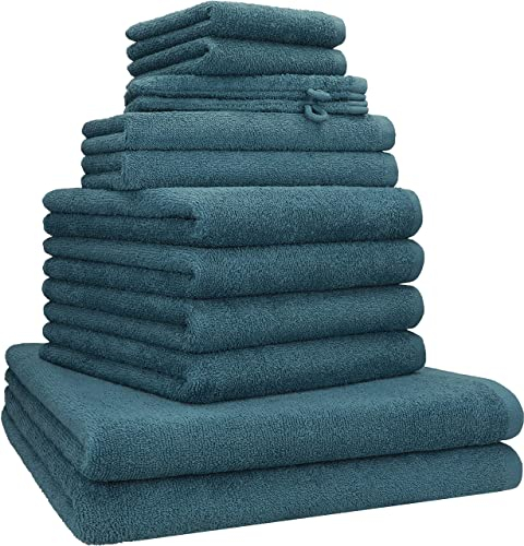 Betz 12 TLG. Handtuch Set Berlin 100% Baumwolle Liegetücher, Handtücher, Gästetücher, Seiftücher und Waschhandschuhe Farbe taubenblau