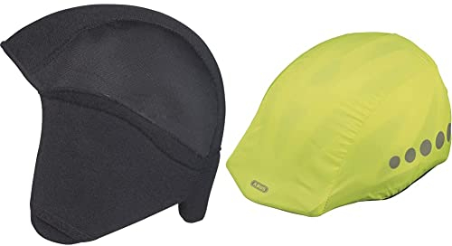 ABUS Winter Kit Fahrradhelm, Schwarz (Black), M & Regenkappe für Helme - Regenschutz mit Reflektoren und Gummizug - wasserabweisend - Universal - Gelb