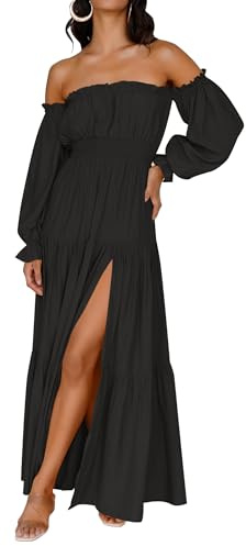 ZESICA Women's 2025 Boho Sexy Off Shoulder Long Sleeve Smocked High Waist Side Split Flowy A Line Tiered Long Maxi Dress,DarkBlack,X-Large